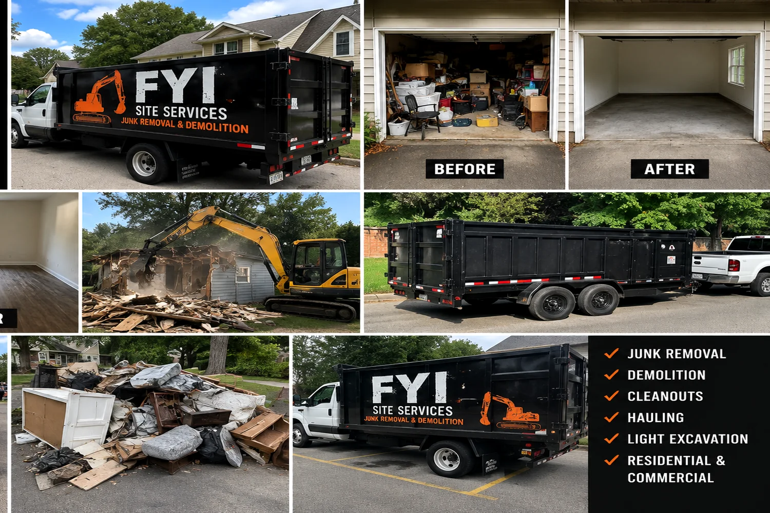 FYI Site Services branded junk removal and demolition vehicles